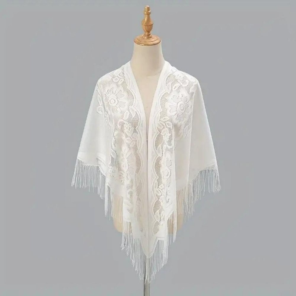 Lace Shawl, Roses, Flowers, Fringed, Wrap, Black, Gray, White, Navy blue